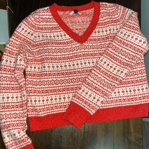 American Eagle Outfitters Red and Cream V-Neck Sweater